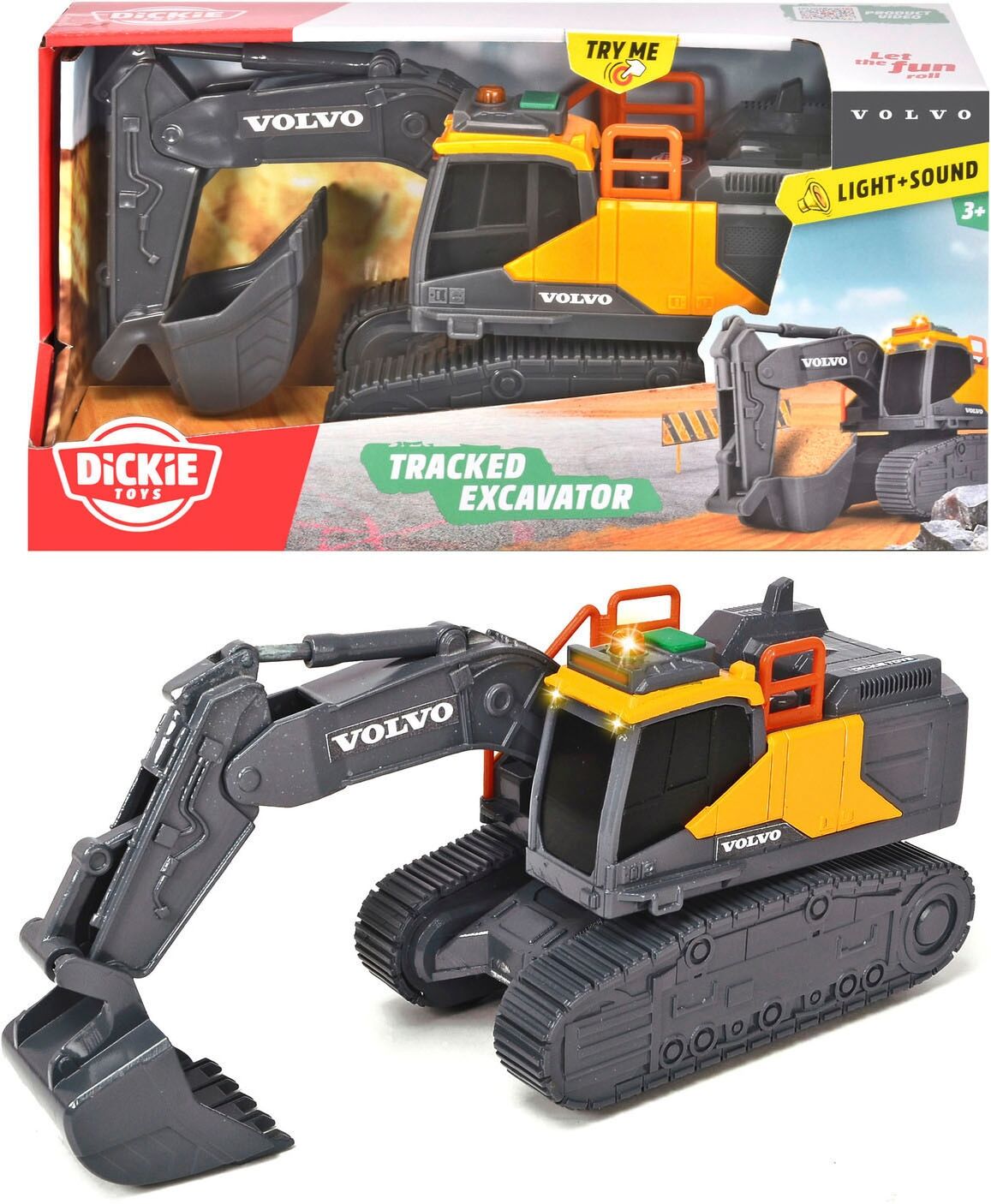 Spielzeug-Bagger DICKIE TOYS "Volvo Tracked Excavator", gelb (gelb, grau), Spielzeugfahrzeuge, KinderT:23cm, Kunststoff, Spielzeug-Bagger, mit Licht und Sound, T:23cm