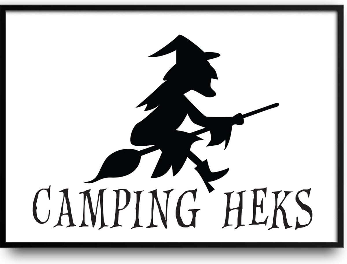 Grappige Camping Heks Poster met Glazen Fotolijst, 40 x 50 cm