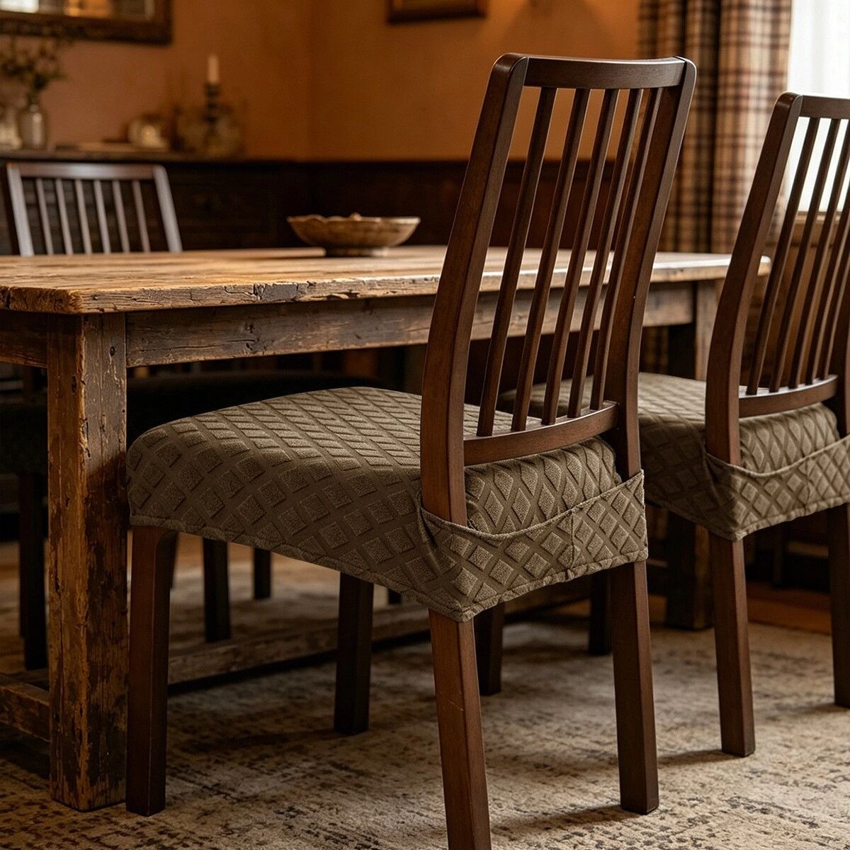 INF Lot de 4 housses de tabouret jacquard diamant double-élastique - Housses antidérapantes en polyester avec sangle à boucle Marron