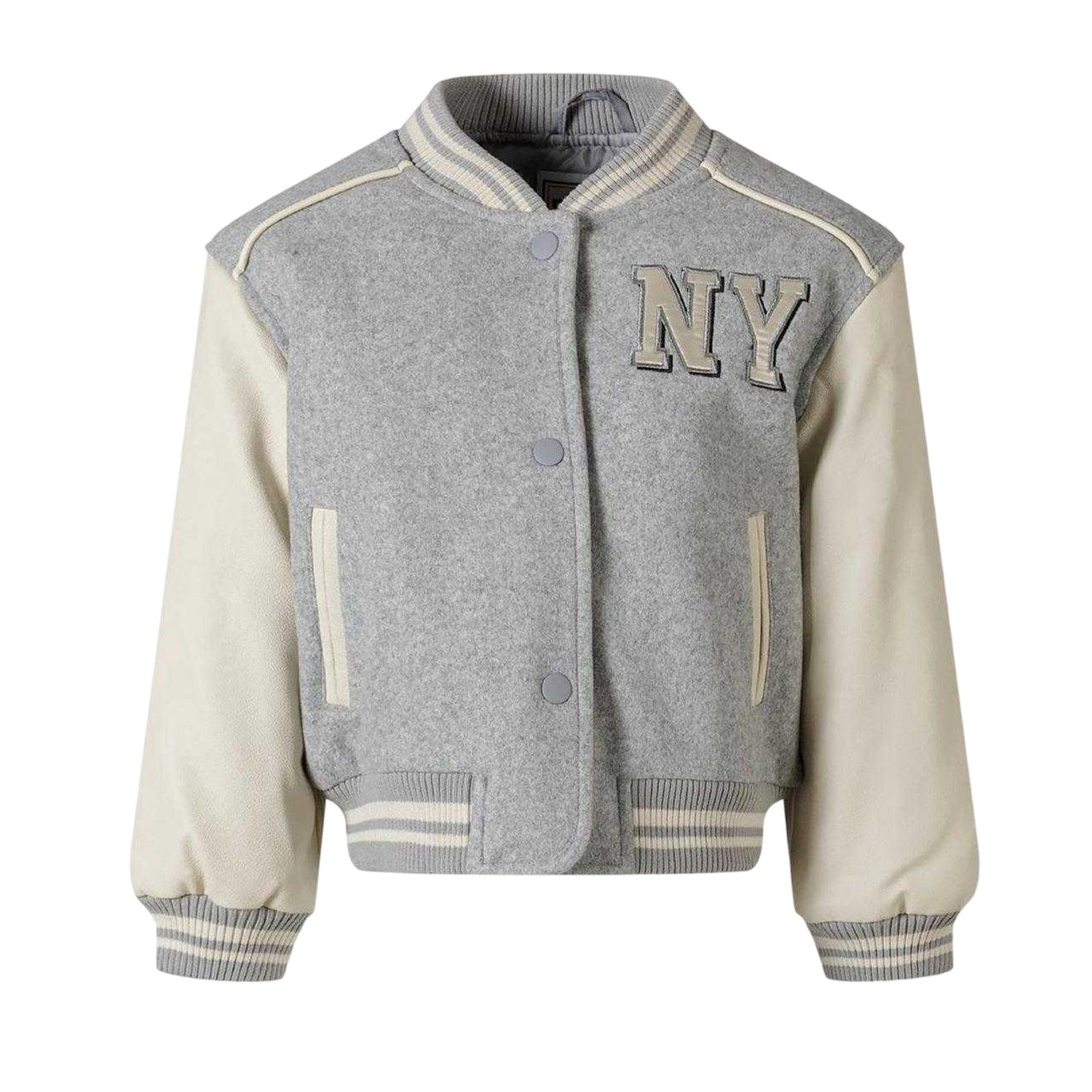 Minoti Meisjesjas in varsity-stijl met contrasterende applicaties uit New York (Lichtgrijs)