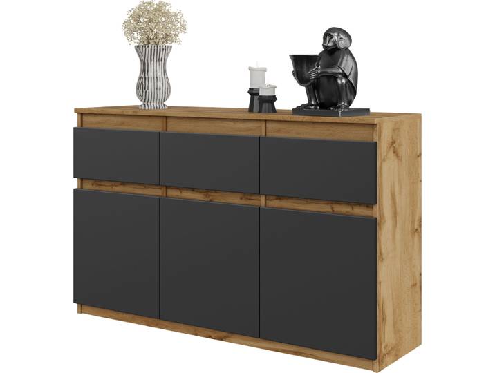 FURNICA - NOAH - Commode / Sideboard avec 3 tiroirs et 3 portes - Chêne Wotan / Gris Anthracite H75cm L120cm P35cm