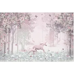 FOTOTAPETE Einhorn auf Blumenwiese in Rosa 336/225 cm