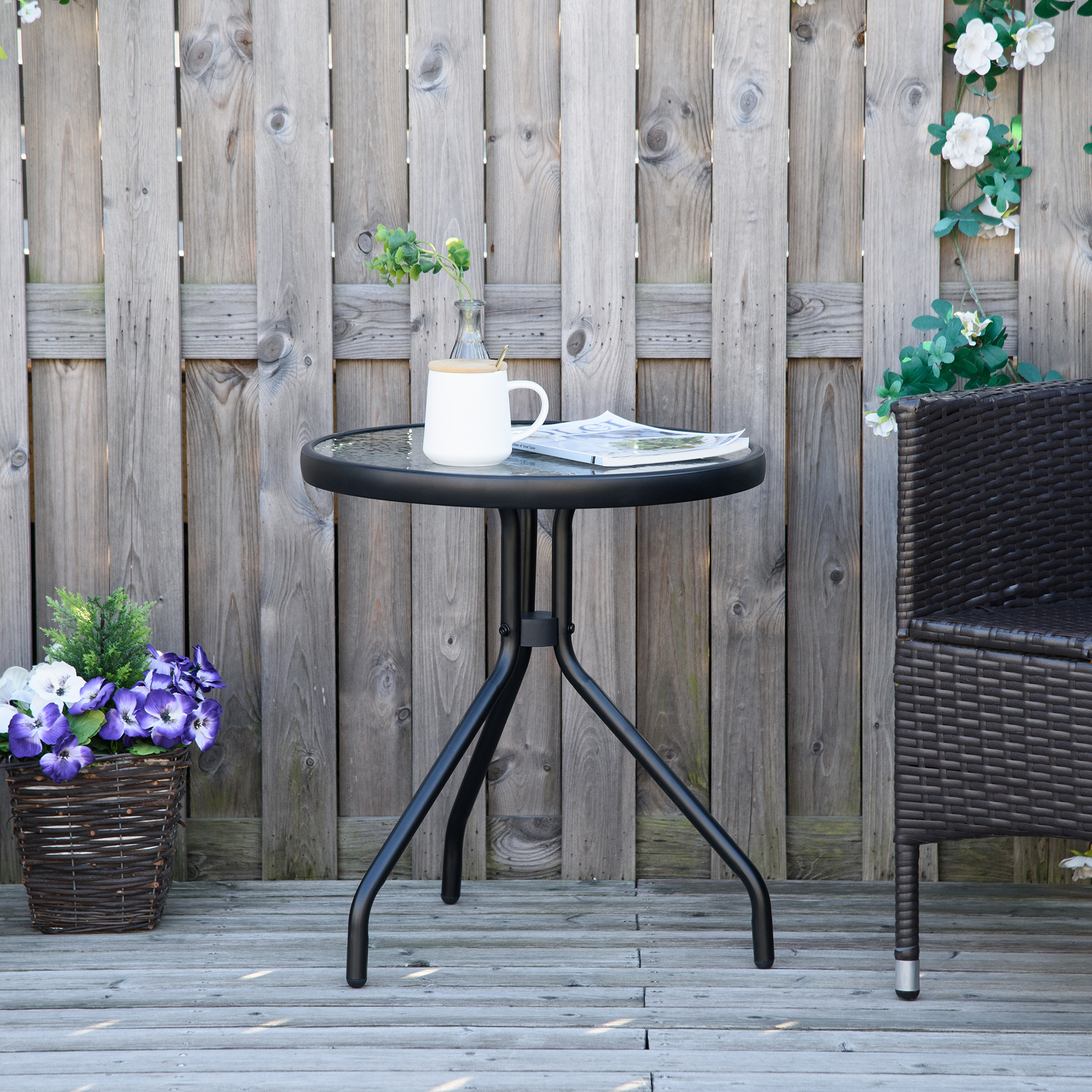 Outsunny Tavolino da Giardino Rotondo con Ripiano in Vetro, Tavolino da Caffè per Interni ed Esterni, Φ50x55cm, Nero Aosom