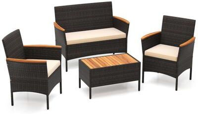 Costway 4 Piece Patio Wicker Sofa Set 2 Rattan Chairs and Loveseat with Table-Brown