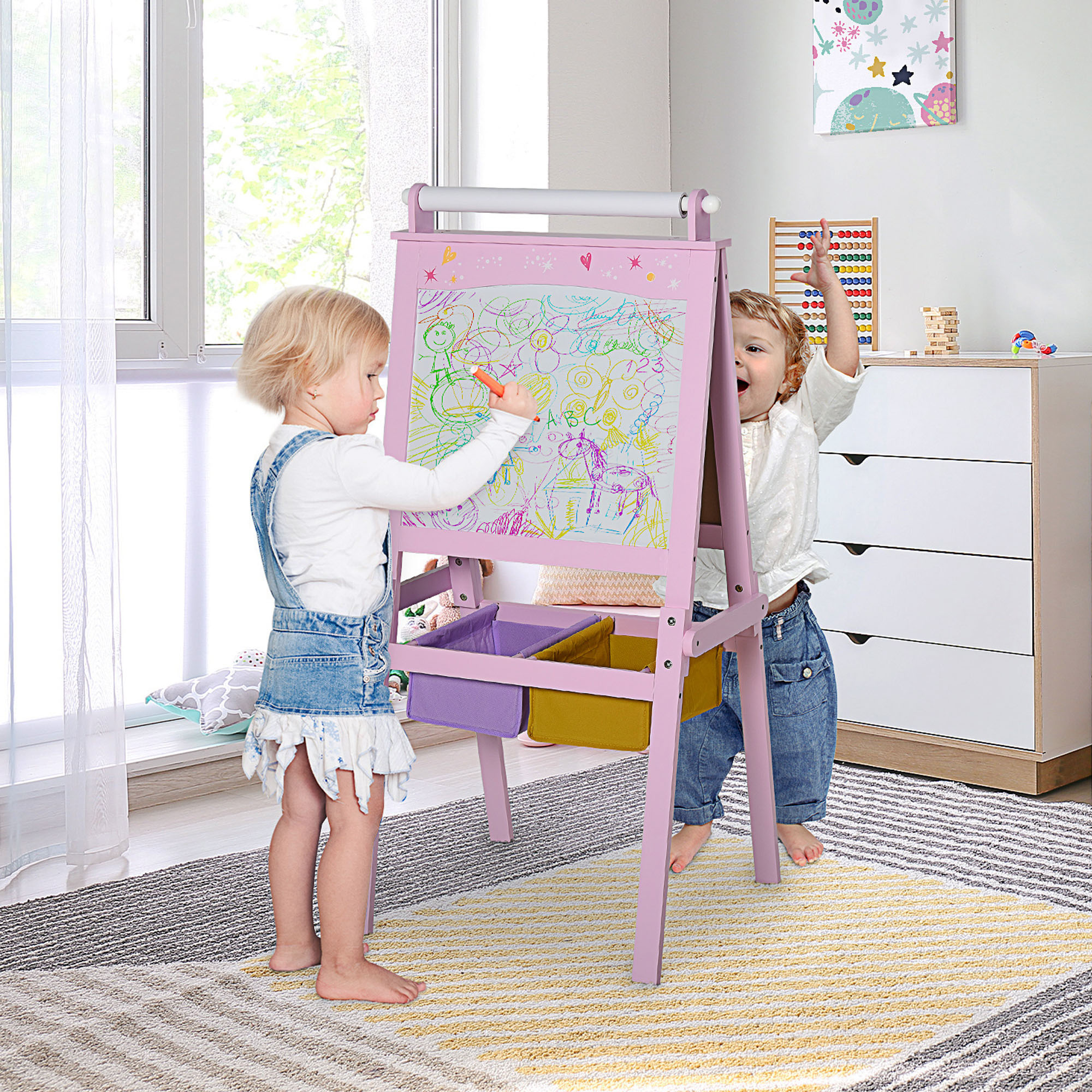 Homcom 3 In 1 Cavalletto da Disegno per bambini 3+, rotolo di carta 2 scatole lavagna bainca nera, MDF, rosa Aosom