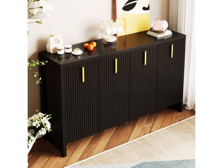 MEULVA Buffet bas 140 cm noir 4 portes avec poignées dorées et étagères réglables