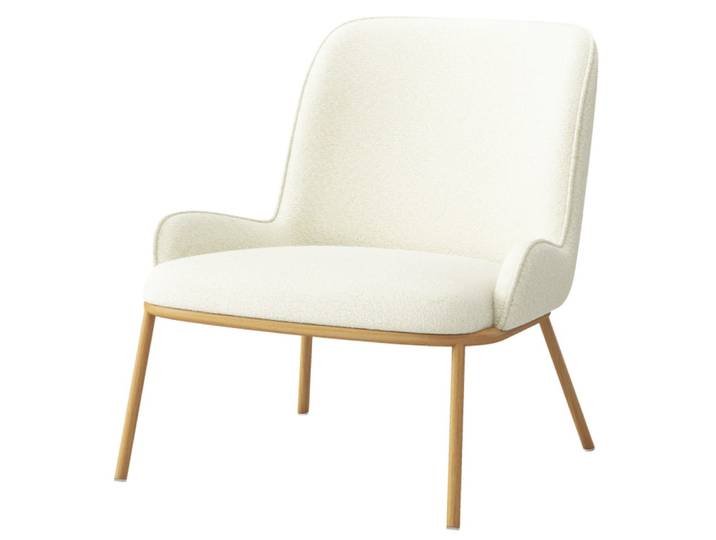 Fauteuil vintage en tissu bouclé ecru et métal chêne