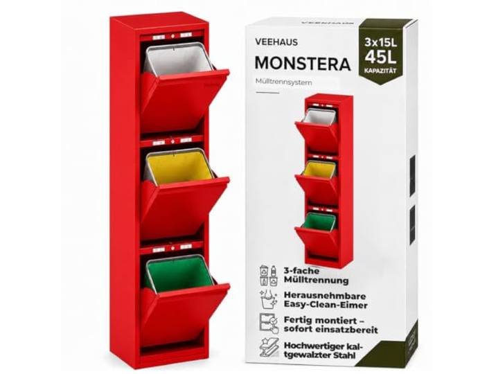 VEEHAUS Küchen Mülltrennsystem, Metall Müllschrank, 3 Klappfächer 3 x 15 L Freistehend & vormontiert, 3 einzeln öffenbare Klappen, Magnetische Außenfläche, Herausnehmbare Eimer, 45L, Rot