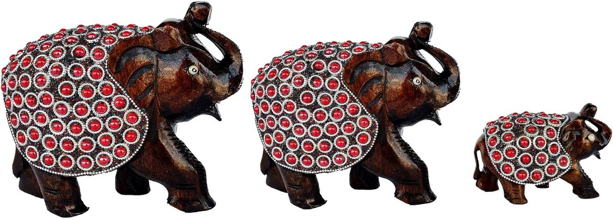 Handgemaakt Houten Olifant Beeldje Familie Standbeeld voor Huisdecoratie Multicolor