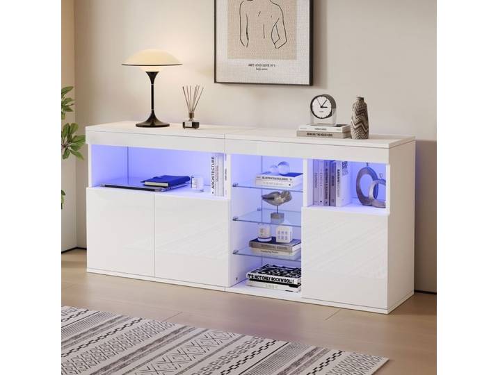 Buffet de salon armoires brillantes vitrine avec éclairage LED trois portes et trois étagères en verre buffet de canapé blanc