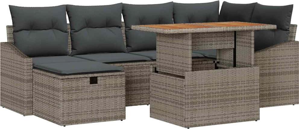 Garten-Sofa-Set, 7-teilig, für Terrasse & Rasen, Akazienholz & Poly-Rattan, 6 Sitzplätze, Grau, höhenverstellbar