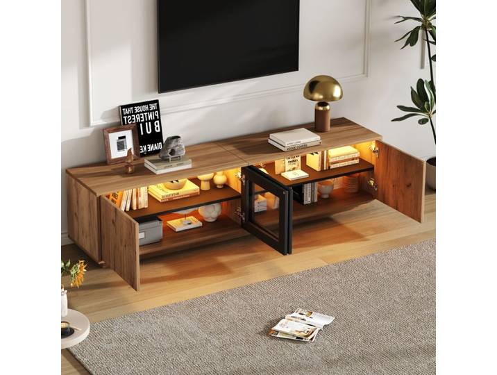 Meuble TV bas 180x40x45 cm portes vitrées éclairage LED couleur naturelle