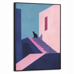 LEINWAND Bilder mit Rahmen - Katze - Treppe - Gebäude - Schattenkontraste - 70x100