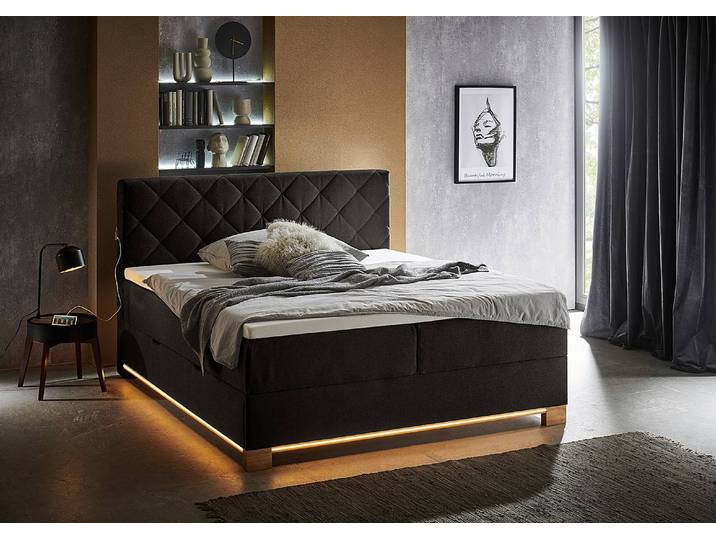 Beleuchtetes Boxspringbett Messina 160 x 200cm Webstoff Asha Schwarz Eiche