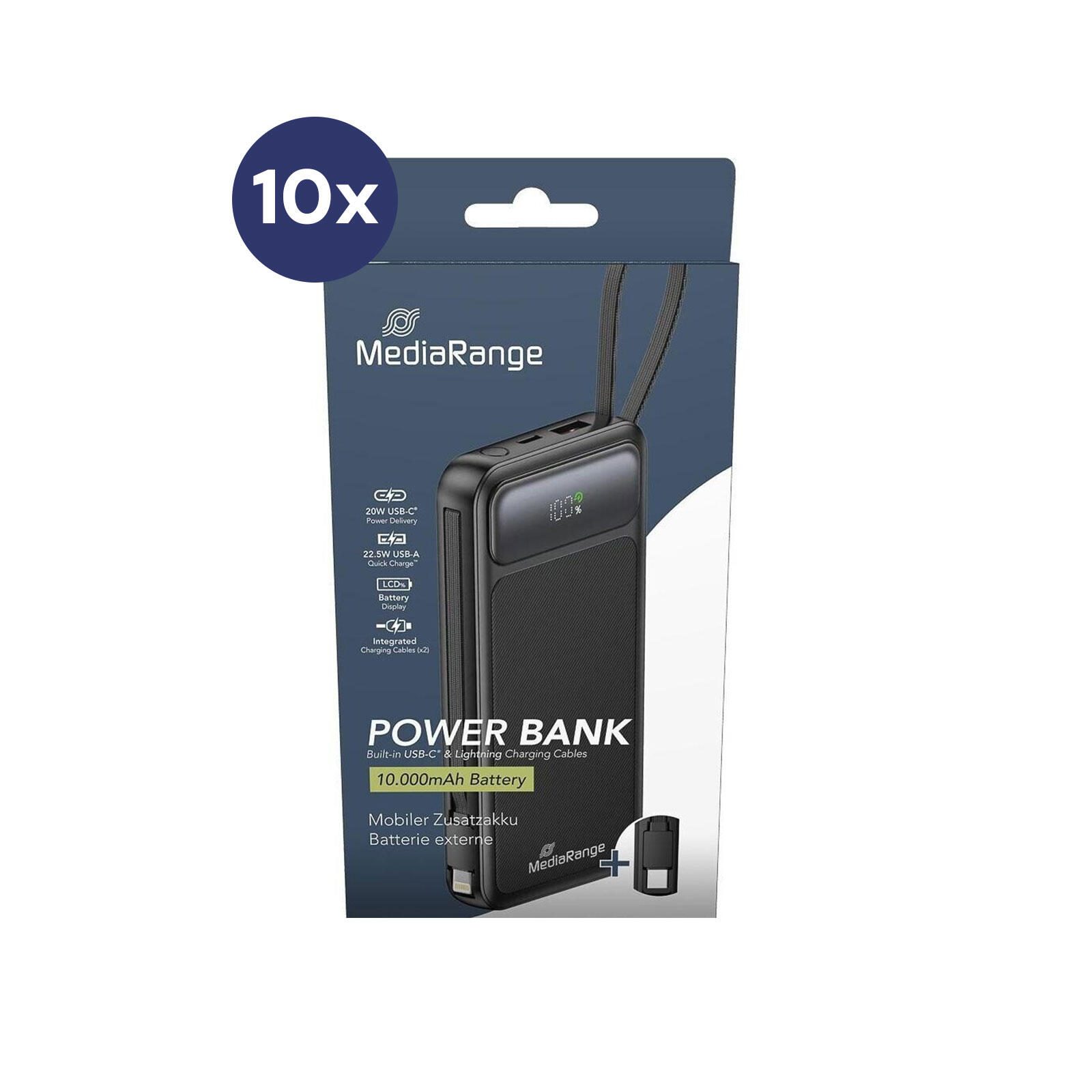 MediaRange Mobiler Zusatzakku / Powerbank 10.000mAh mit integrierten Ladekabeln und LC-Display MRMA753set