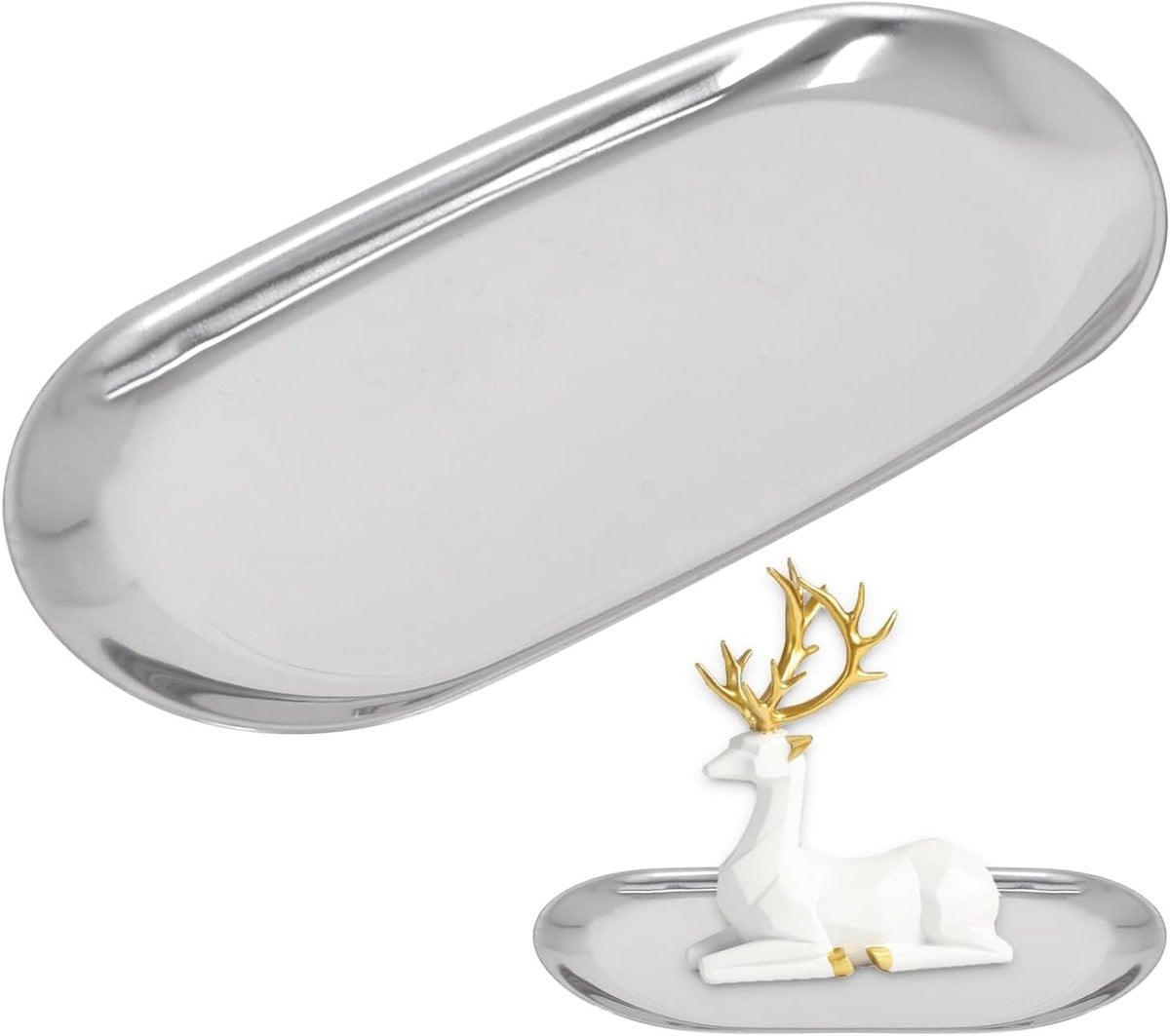 Elegante ovale dienblad van RVS voor decoratie, kaarsen en sieraden, 18 x 8,5 cm