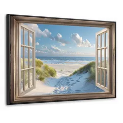 LEINWAND Bilder mit Rahmen - Aussicht - Strand - Fenster - Dünen - Meer - 120x80