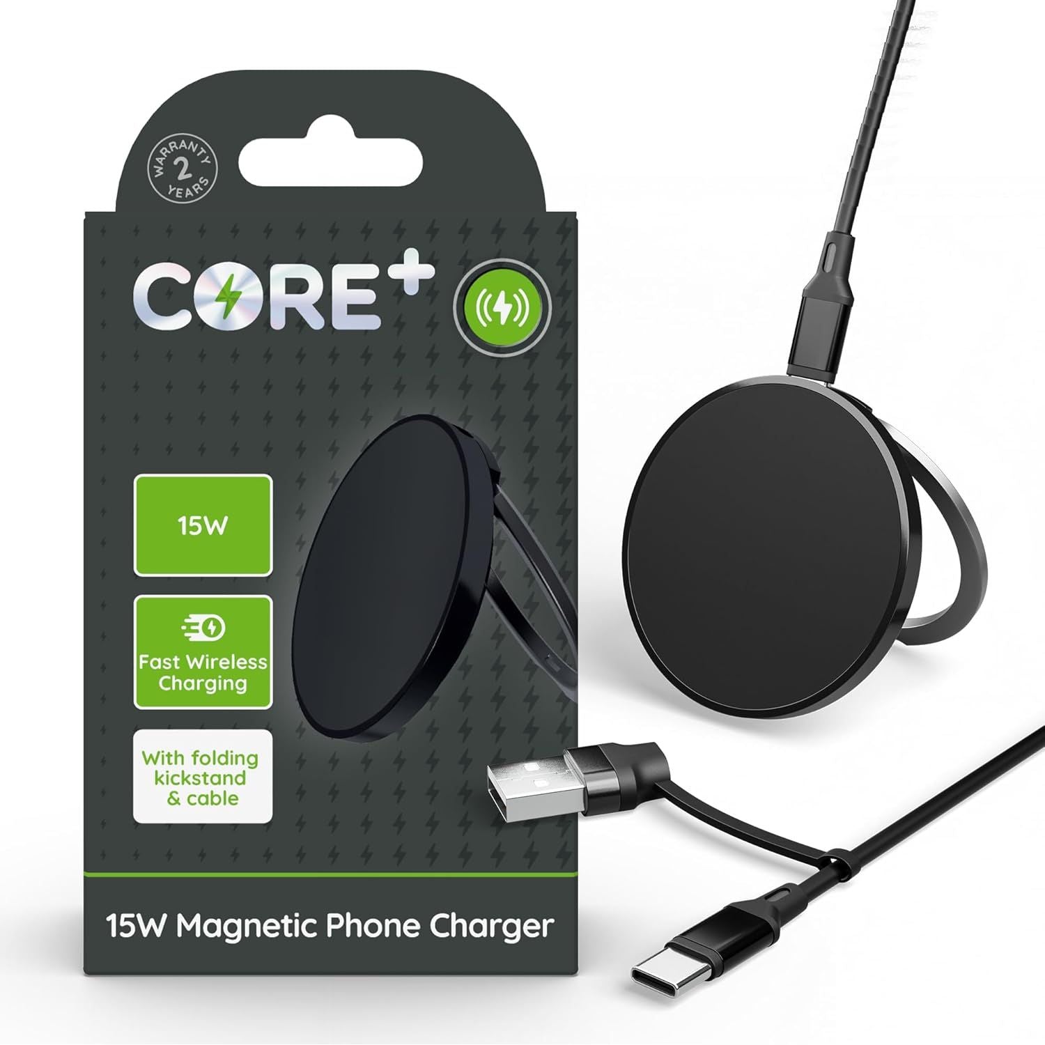 CORE+ 15W Magnetic Phone Charger Fast Wireless Charging Folding Kickstand Secure Magnetic Auto Alignment - Black