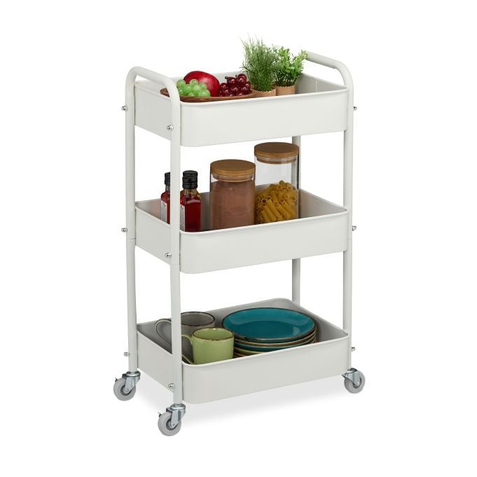 Relaxdays Keukentrolley met 3 niveaus, wit metaal, B/D/H: 71,5 x 43,5 x 29,5 cm