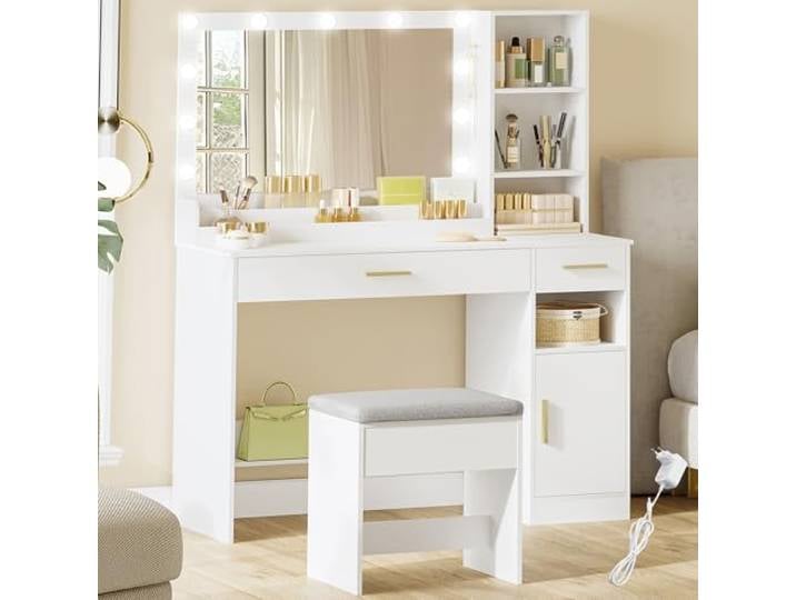 HEXCELEN 108cm Schminktisch mit Hocker, Großem Spiegel, Weiß Frisiertisch mit 2 Schubladen, 4 Offenen Fächern und Schrank, für Schlafzimmer und Ankleidezimmer