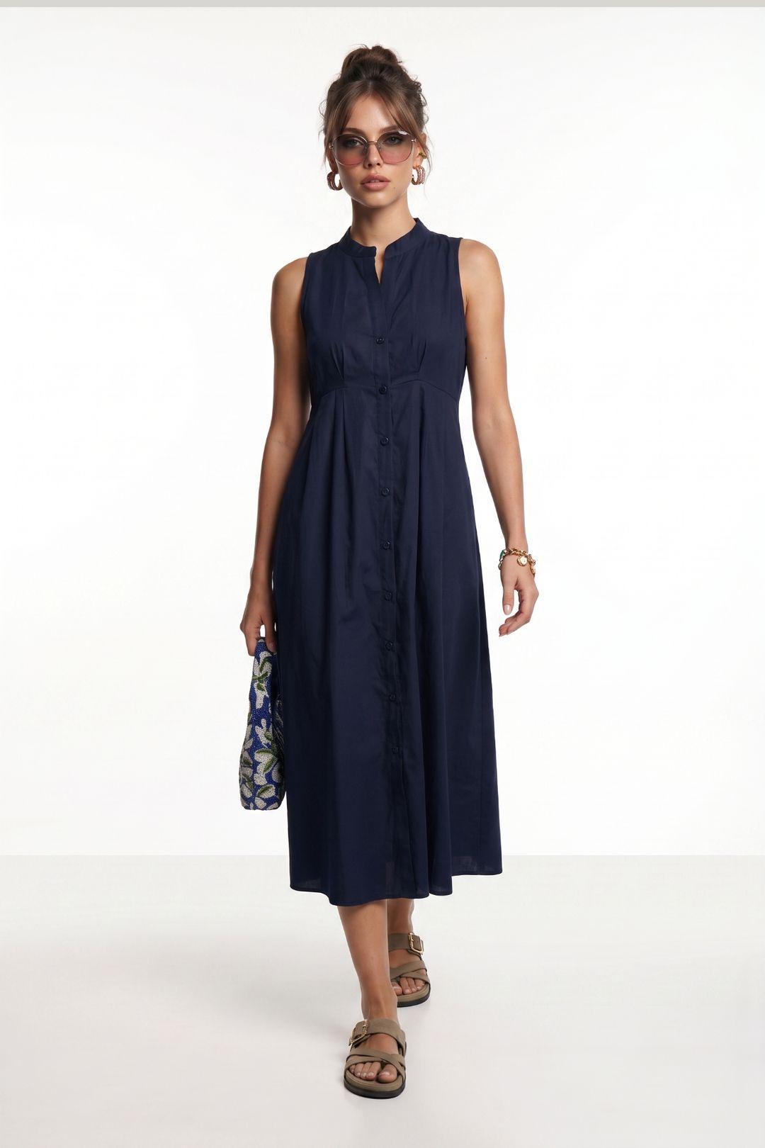 Mandarin-Kragen Ärmelloses A-Linien Midi-Kleid