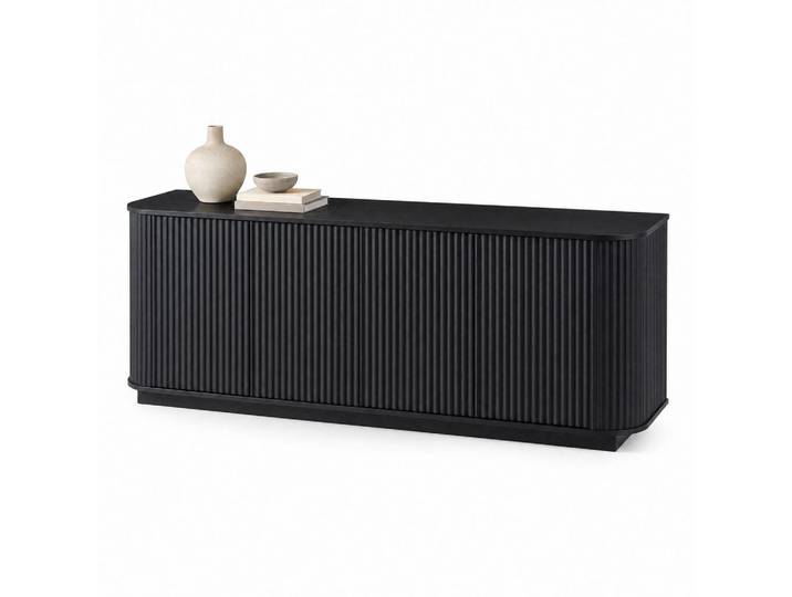 Okmyhome Sideboard 162.5/38/61 cm Schwarz aus MDF mit Wellenmuster, Metall, Mode, Rechteckig, 38x61x162.5 cm, Kleinmöbel, Kommoden, Sideboards