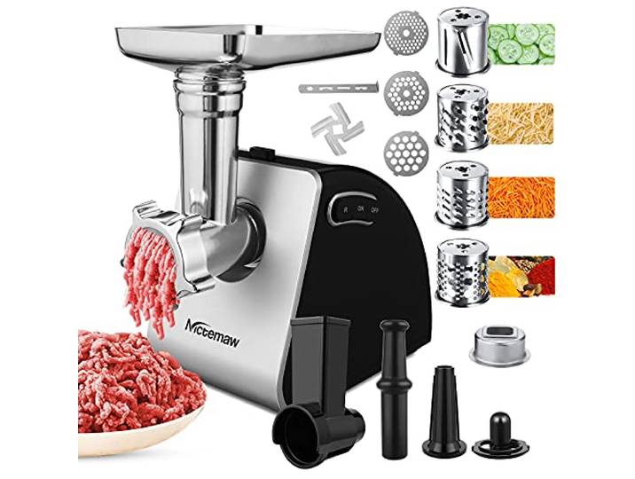 Nictemaw Elektrischer Fleischwolf Edelstahl 2 in1 Multifunktionale Maschine Hackfleischmaschine mit Wurstaufsatz, 4 Raspeln, 3 Lochscheiben, Keksaufsatz & Kubbe-Kit für Fleisch, Gemüse, Käse & Gebäck