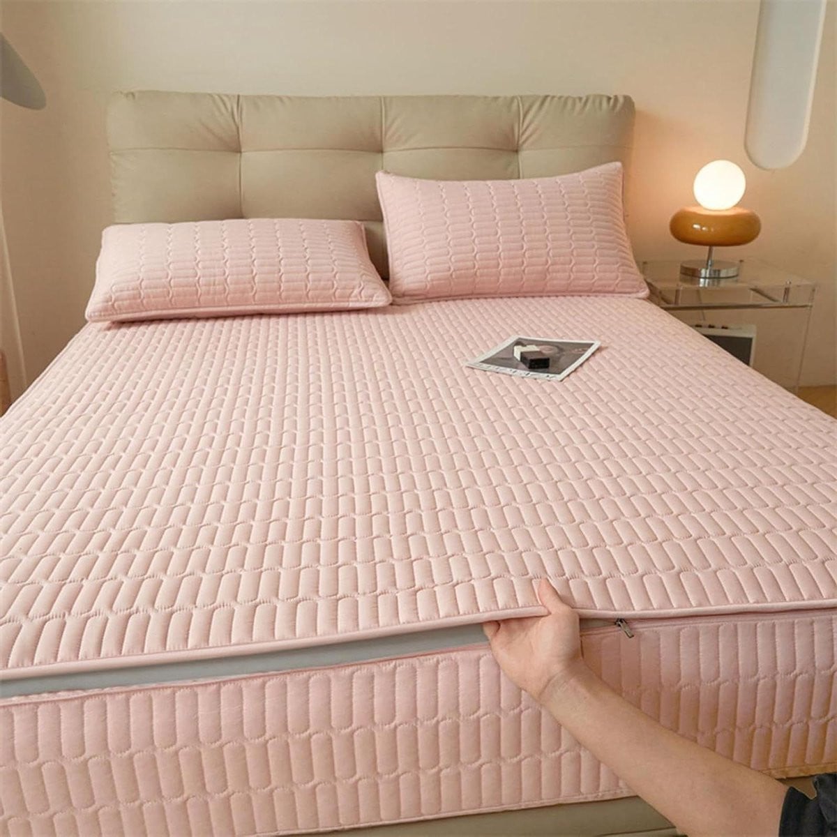 Matrashoes met rits - Matrasbeschermer overtrek - Roze - 80 x 200 + 10 cm