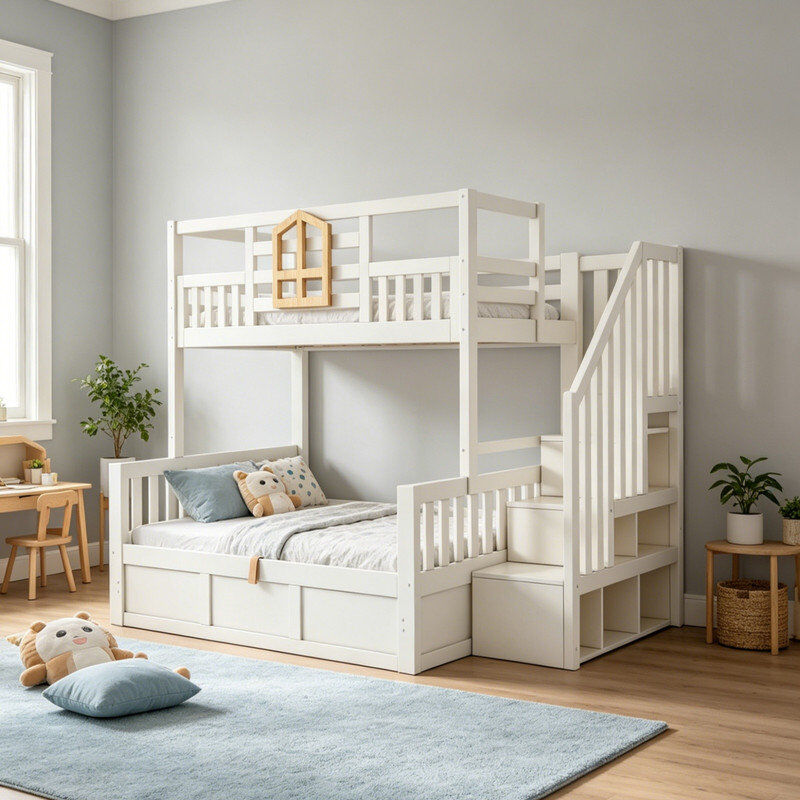 Alpen Home Wooden House Style Kids Bunk Bed with Side Ladder, Hydraulic Under Bed Storage Drawer, Twin Solid Wood Bunkbed, White Finish Cabin Bed with Safety Gua White