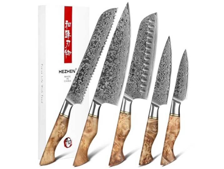 HEZHEN Damast Messer Set 5PCS, Japanischen Stil Damaskus Stahl Küchenmesser Santoku, Brot Universalmesser Schälmesser, Holzgriff