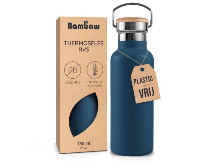 Bambaw 750ml Roestvrijstalen Thermosfles, Milieuvriendelijke Herbruikbare Fles, Dubbelwandige Waterfles 750ml, Metalen Drinkfles – Staalblauw