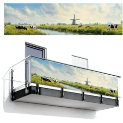 BALKON-SICHTSCHUTZ Kühe - Windmühle - Wiese - Blau Windschutz 300x85 cm