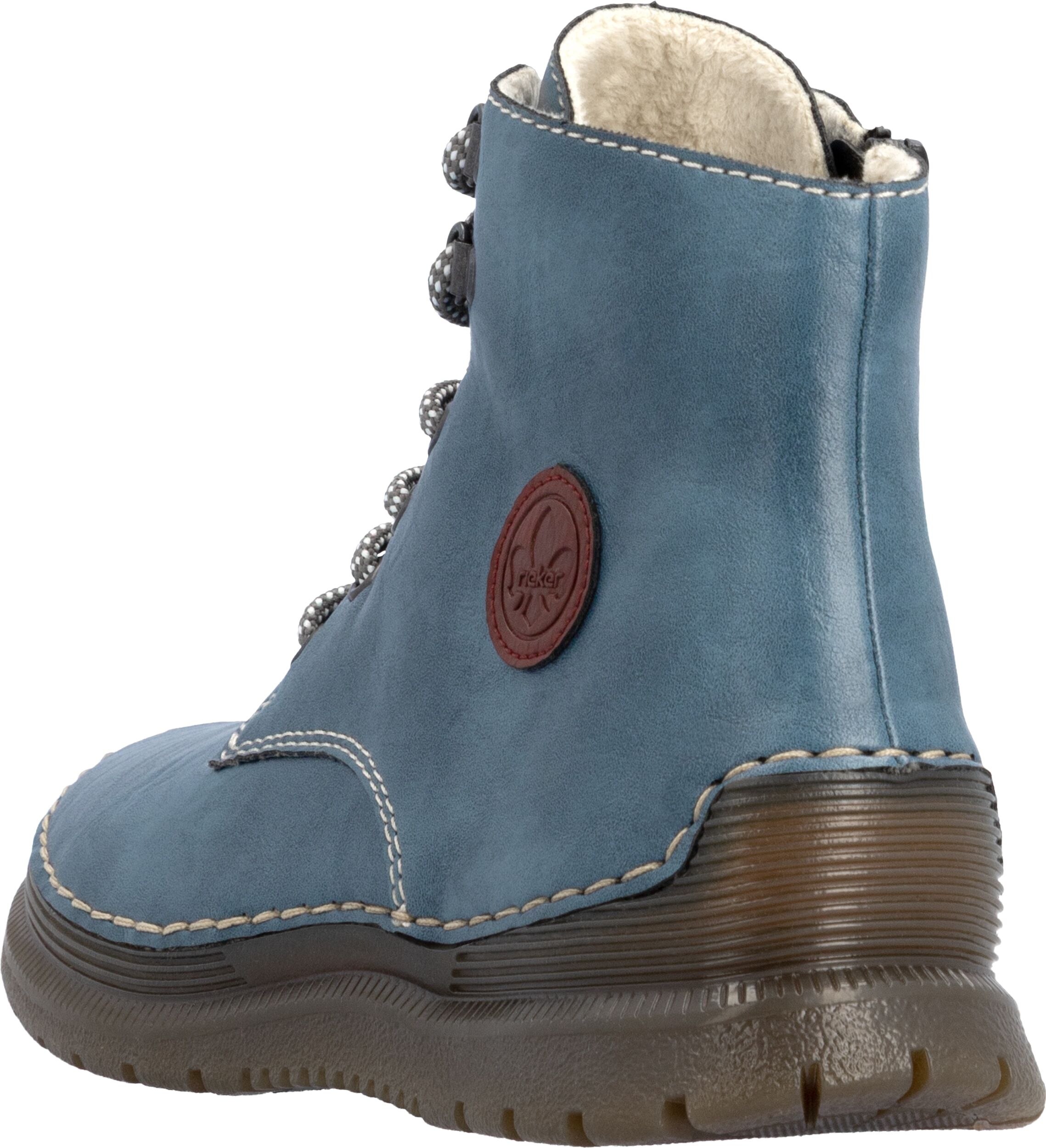 Schnürboots RIEKER, Damen, Gr. 42, wärmend, blau, Lederimitat, Schuhe Schnürboots, Keilabsatz, Herbstboots mit modischen Kontrastnähten