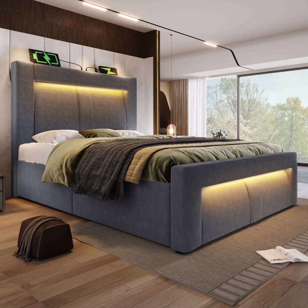 KOMHTOM Lit simple en velours de polyester gris 90x200 cm Gris 217x107x93cm