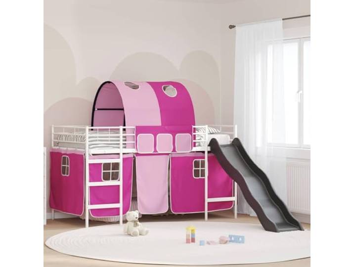 RJPLMFV Hochbett für Kinder, 107 x 203 cm, Weiß, Rosa Robuster Stahlrahmen, Netzvorhänge, sichere Rutsche, Lattenrost