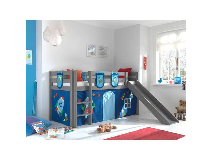 Spielbett Astro 90 x 200cm Grau/Kiefer Grau mit Taschen/mit Rutsche/mit Leiter