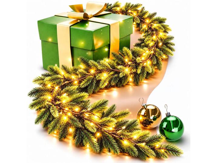 Relaxdays Tannengirlande Grün LED Timer 5 m, Dunkelgrün, Kunststoff, 20 cm, Dekoration, Weihnachtsdekoration, Winterdeko