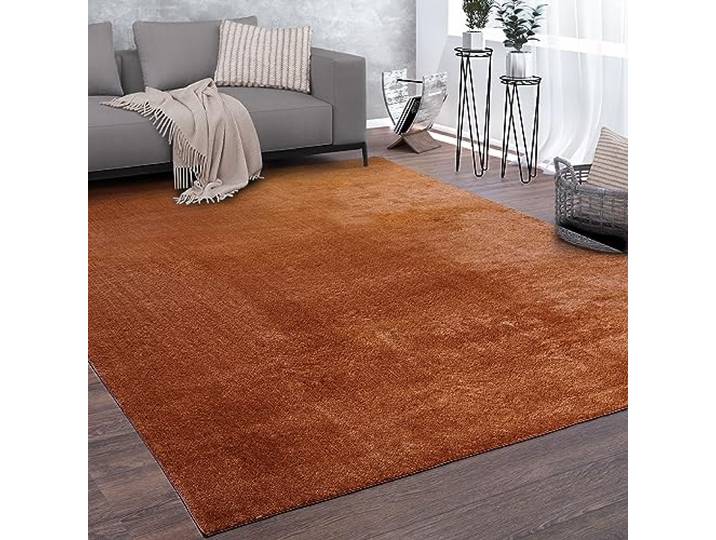 Paco Home Teppich Wohnzimmer Kurzflor Weich rutschfest Modern Einfarbiges Muster Orange, Grösse:100x200 cm