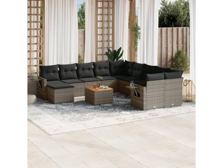 KTHLBRH Gartenmöbel-Set 12-teilig mit grauen Kissen aus Polyrattan Modular mit Couchtisch, Sitz mit wasserdichter Aufbewahrung, Tischplatte aus Akazienholz
