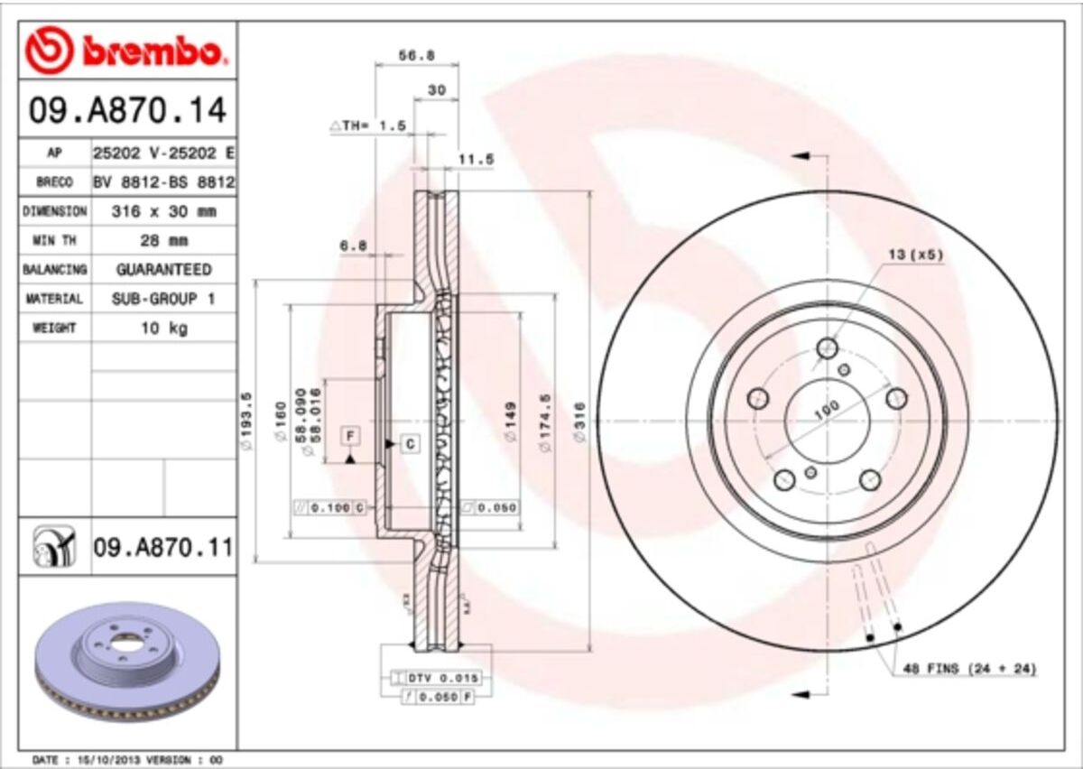 Bremsscheibe BREMBO 09.A870.11, vorne, belüftet, 1 Stück