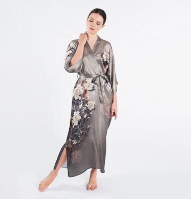 KIM + ONO Keina Women's Floral Silk Robe - Long   KIM+ONO - taupe / one size