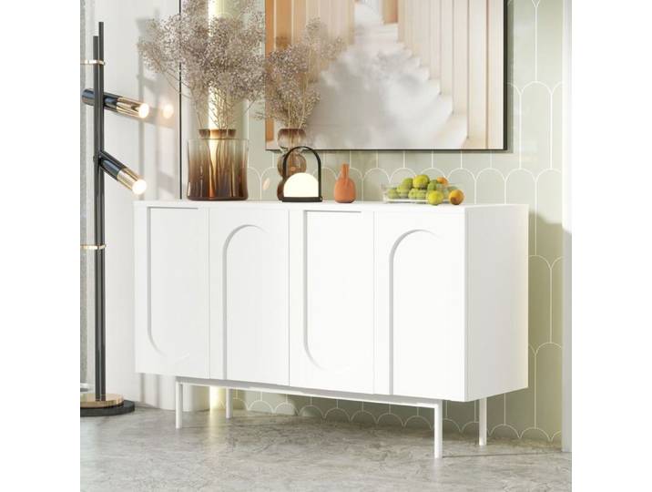 Maisentiel Buffet bas blanc 140 cm à 4 portes motif arche étagères réglables pieds métal