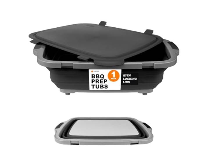 Drip EZ Zusammenklappbarer Grillbehälter – für Mahlzeitenvorbereitung, Marinieren von Lebensmitteln – inklusive Schneidebrett und verschließbarem Deckel – (1) XL – Schwarz