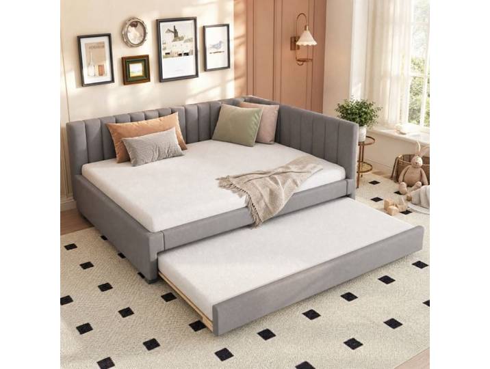 Lit gigogne - ZEVKOR - Lit gigogne double 140×200 + 90×190 - Velours gris - Tête de lit rembourrée - Sommier à lattes