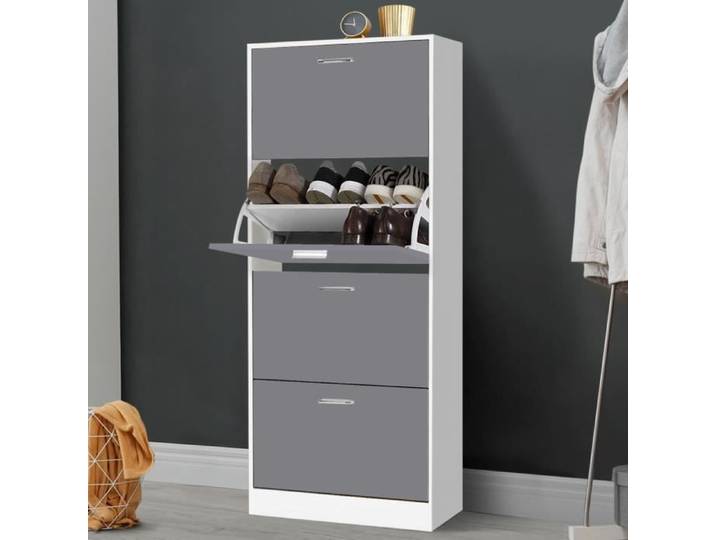 IDMARKET Meuble à chaussures 24 paires KLARK blanc 4 portes gris clair