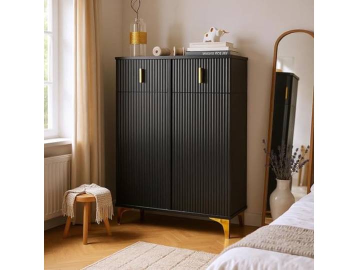 FurnitureR Schwarz Kleiderschrank, Moderner Stil, Holzwerkstoff, Kompakter Stauraum, Stilvolles Design mit Rillenoptik