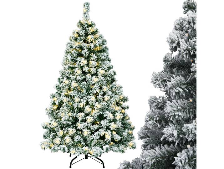 COSTWAY Künstlicher Weihnachtsbaum 135cm, Tannenbaum 400 PVC Nadeln mit Schnee, 200 warmweißen LEDs & Metallständer, Christbaum Kunstbaum Weihnachten