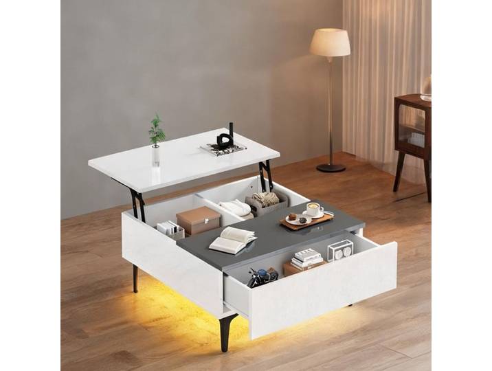 Table basse relevable blanche laquée 70x70x35 cm avec rangement et LED