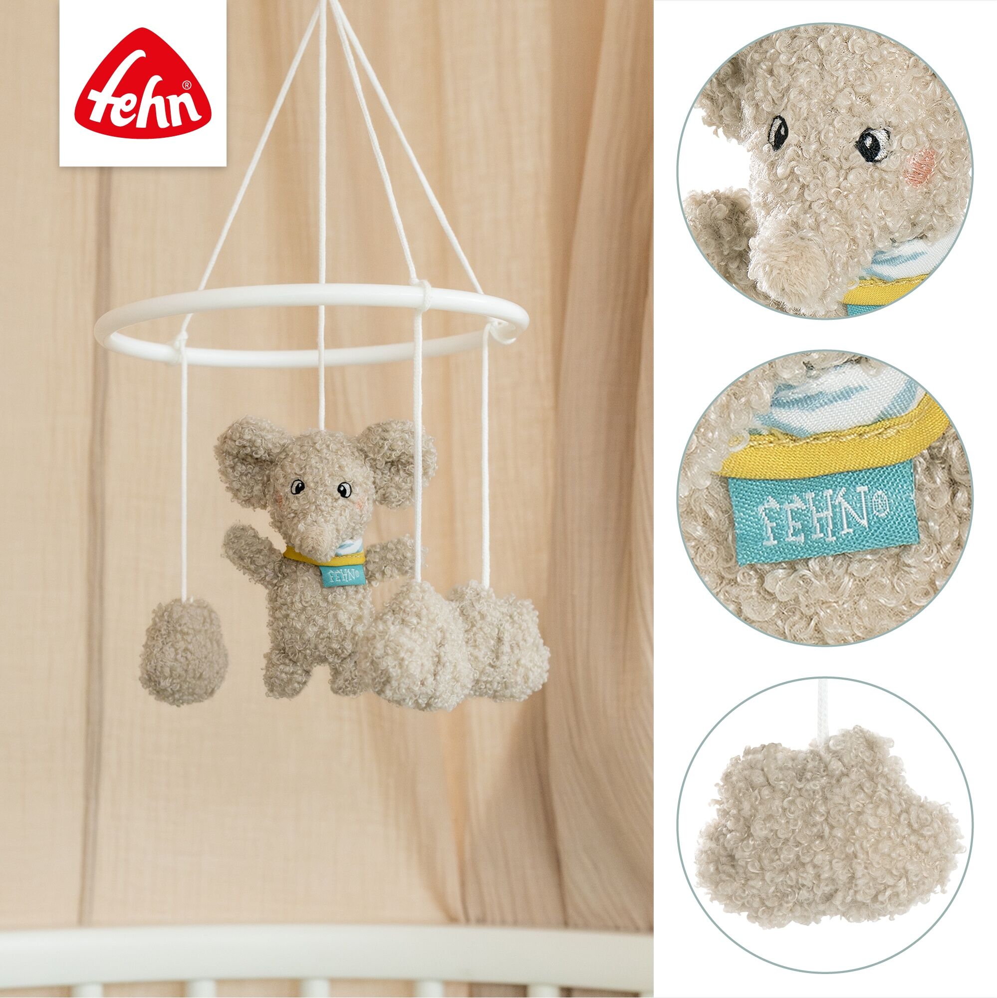 Mobile FEHN "FredErik, Mobile Elefant", grau, Mobilés, BabyB:18cm H:18cm T:6cm, Plüsch, Mobile, B:18cm H:18cm T:6cm