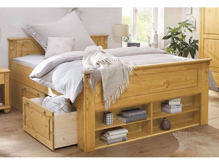 Massivholzbett GOODPRODUCT Tessin, Stauraumbett, Landhausstil, Schubladen optional, rustikal , beige (natur), B:152cm H:85cm L:207cm, Betten, Massivholzbett, zertifizierte Kiefer, Kassetten-Optik, stabile Qualität